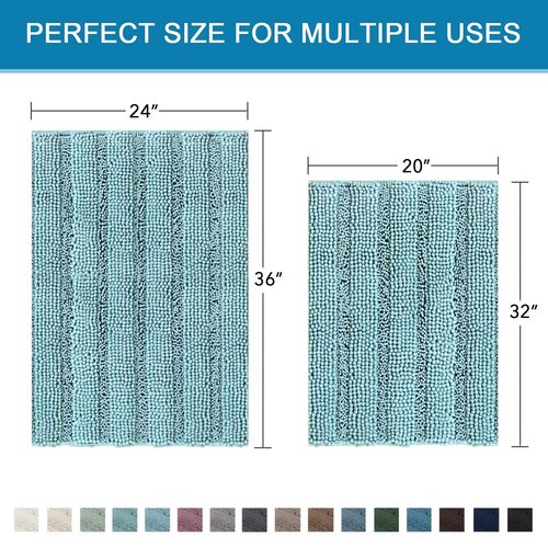 H.VERSAILTEX Bathroom Rugs Bath Mats Sets Super Absorbent Chenille Striped Bath Mats Non Skid Machine Wash Dry Rugs for Bathroom Floor Set of 2(Aqua Haze, 24 x 36 Plus 20 x 32 - Inches)