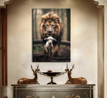 Skiennix Framed Lion and Lamb Canvas Wall Art - Christian Jesus Poster for Living Room & Bedroom Decor
