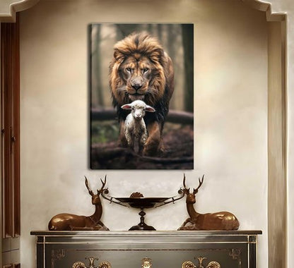 Framed Lion and Lamb Canvas Wall Art - Christian Jesus Lion King Poster for Living Room & Bedroom Decor