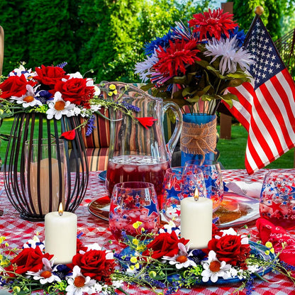 Veterans Day Candle Rings - 4 Pcs Red, White & Blue Mini Floral Wreaths for Patriotic Decor