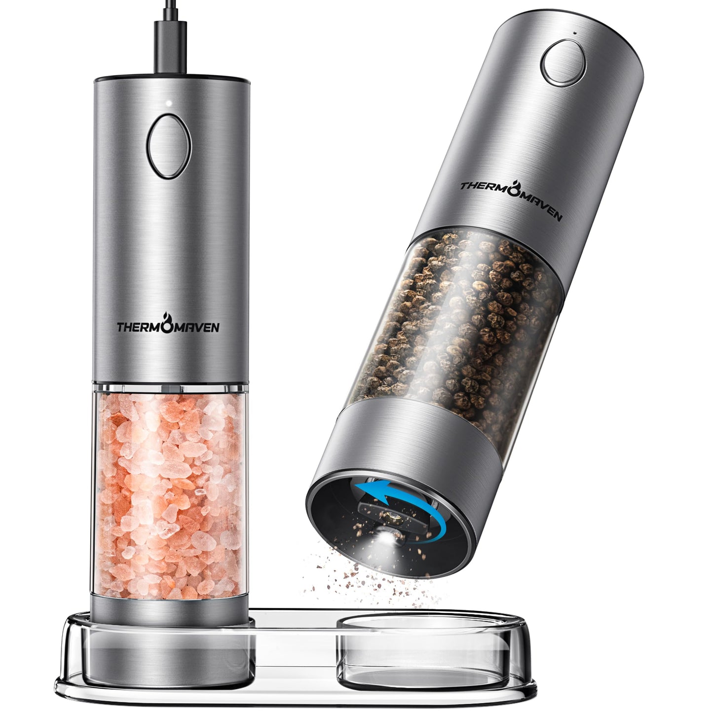 ThermoMaven Electric Salt and Pepper Grinder Set, 110ml Larger Rechargeable Automatic Salt and Pepper Mill Grinder with 6 Adjustable Coarseness, Electric Salt and Pepper Shakers, LED, 2 Packs, Silver