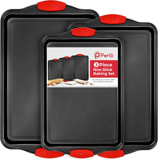 PERLLI Non-Stick Baking Pan Set - 3-Piece BPA-Free Carbon Steel Bakeware with Silicone Handles | Oven Safe Up to 446°F
