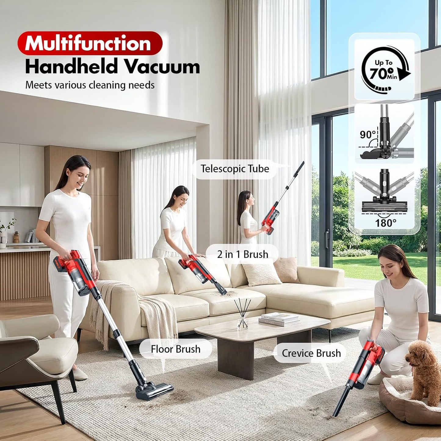Skiennix Cordless Vacuum Cleaner - 8000mAh Battery, 6-in-1 Handheld & Stick Design for Pet Hair & Hardwood Floors (Red)