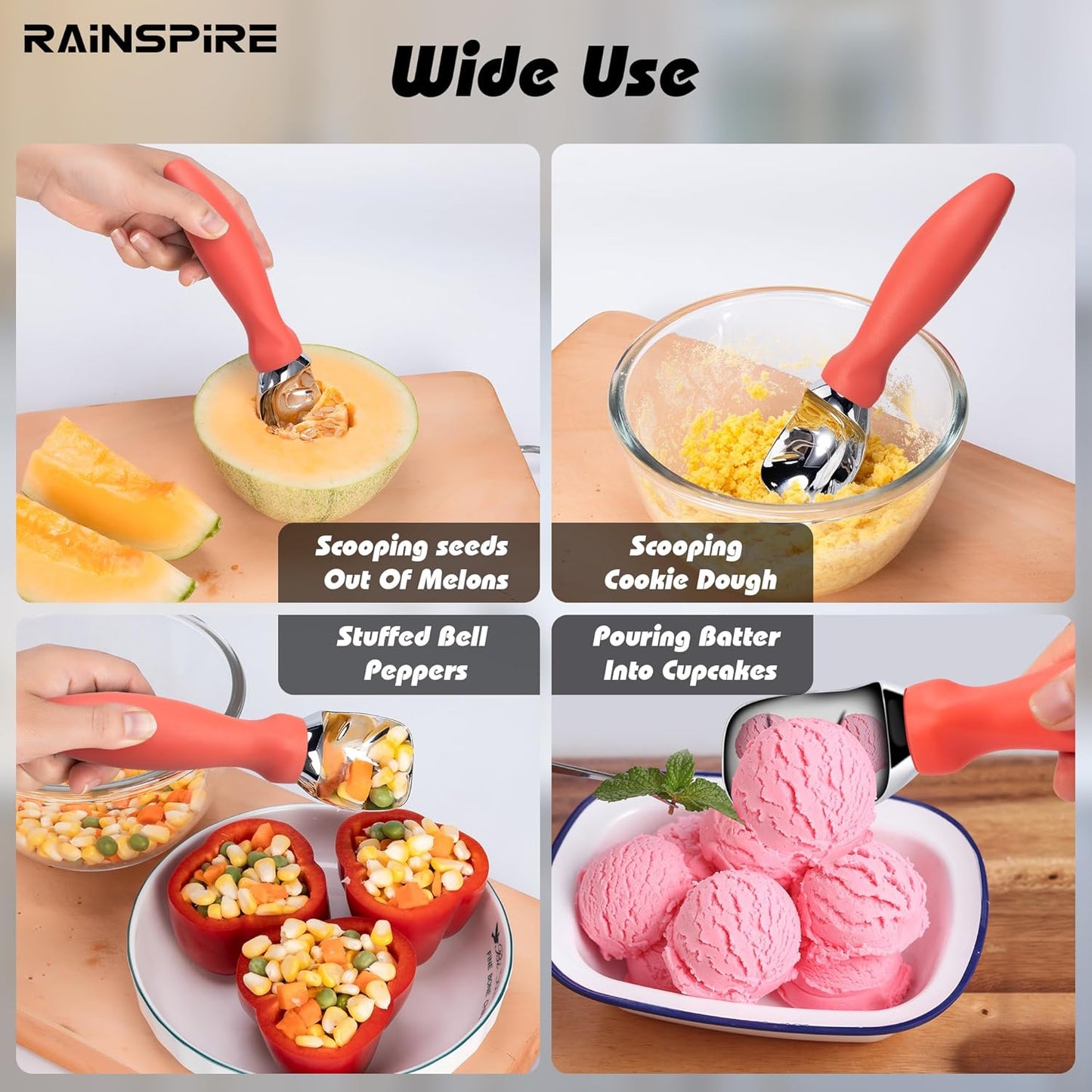 Rainspire Ice Cream Scoop - Heavy Duty Stainless Steel with Comfortable Handle | Perfect for Gelato, Sorbet, and Cookie Dough (Orange)