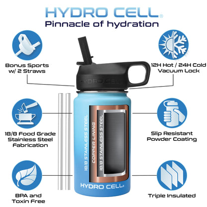 HYDRO CELL Stainless Steel Insulated Water Bottle with Straw - For Cold & Hot Drinks - Metal Vacuum Flask with Screw Cap and Modern Leakproof Sport Thermos for Kids & Adults (Sky/Blue 14oz)