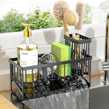 Cisily Kitchen Sink Caddy - Rustproof Sponge Holder with Brush Storage & Self-Draining Tray