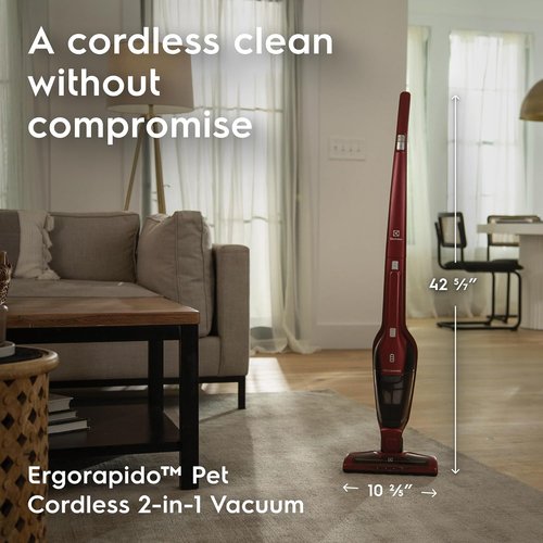 Electrolux Ergorapido Pet Cordless Vacuum Cleaner - 2-in-1 Design with Motorized Pet Nozzle | 48-Minute Run Time, Chili Red
