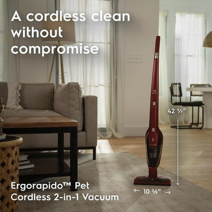 Electrolux Ergorapido Pet Cordless Vacuum Cleaner - 2-in-1 Design with Motorized Pet Nozzle | 48-Minute Run Time, Chili Red
