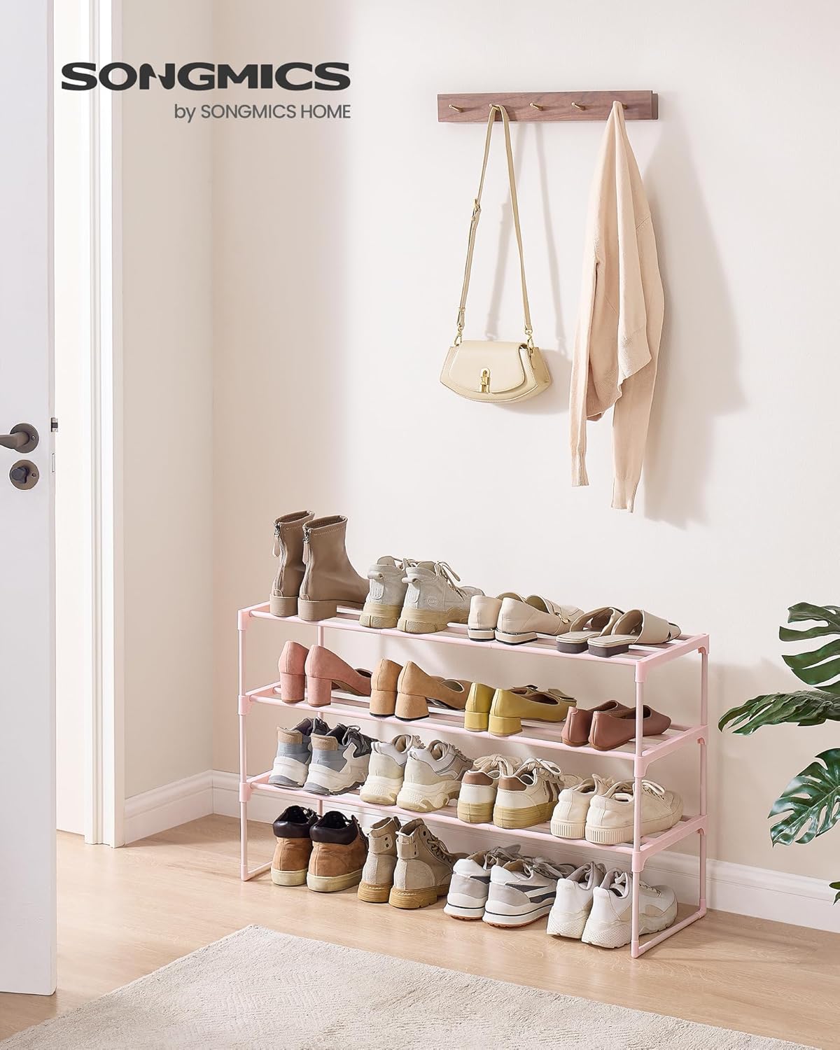 SONGMICS 3-Tier Shoe Rack - Stackable Metal Organizer for 16-20 Pairs | Jelly Pink, 11.8 x 36.2 x 21.7 Inches