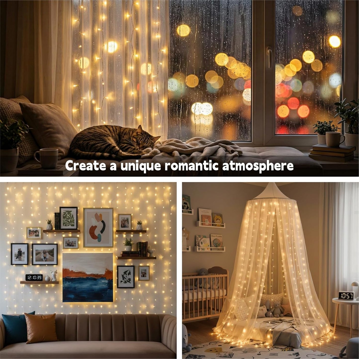 Skiennix Curtain Light - 200 LED Warm White Fairy String Lights | 6.6x6.6ft, 8 Modes for Home Decor