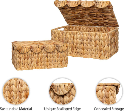 StorageWorks Wicker Basket - Handwoven Water Hyacinth with Scalloped Edge Lid | 13" L x 9.5" W x 6" H
