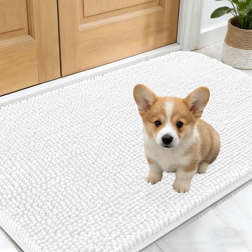 OLANLY Dog Door Mat for Muddy Paws 24x16, Absorbs Moisture and Dirt, Absorbent Non-Slip Washable Doormat, Quick Dry Chenille Mud Mat for Dogs, Entry Indoor Entryway Carpet for Inside Floor, White
