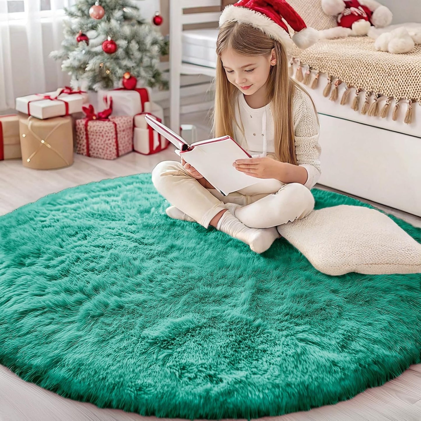 OLANLY Teal Green Round Area Rug - Soft & Fluffy 4 ft Machine Washable Carpet for Bedroom & Nursery Decor
