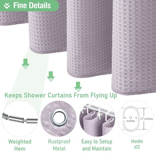Dynamene Lavender Fabric Shower Curtain - Waffle Weave Textured Heavy Duty Cloth Shower Curtains for Bathroom, 256GSM Hotel Luxury Weighted Bath Curtain Set with 12 Hooks,72x72, Lavender
