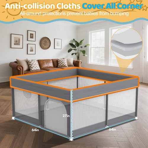 Grey Baby Playpen | 64"x64" Full Cover Anti-Collision Cloth Playard - Modern Infant Activity Center