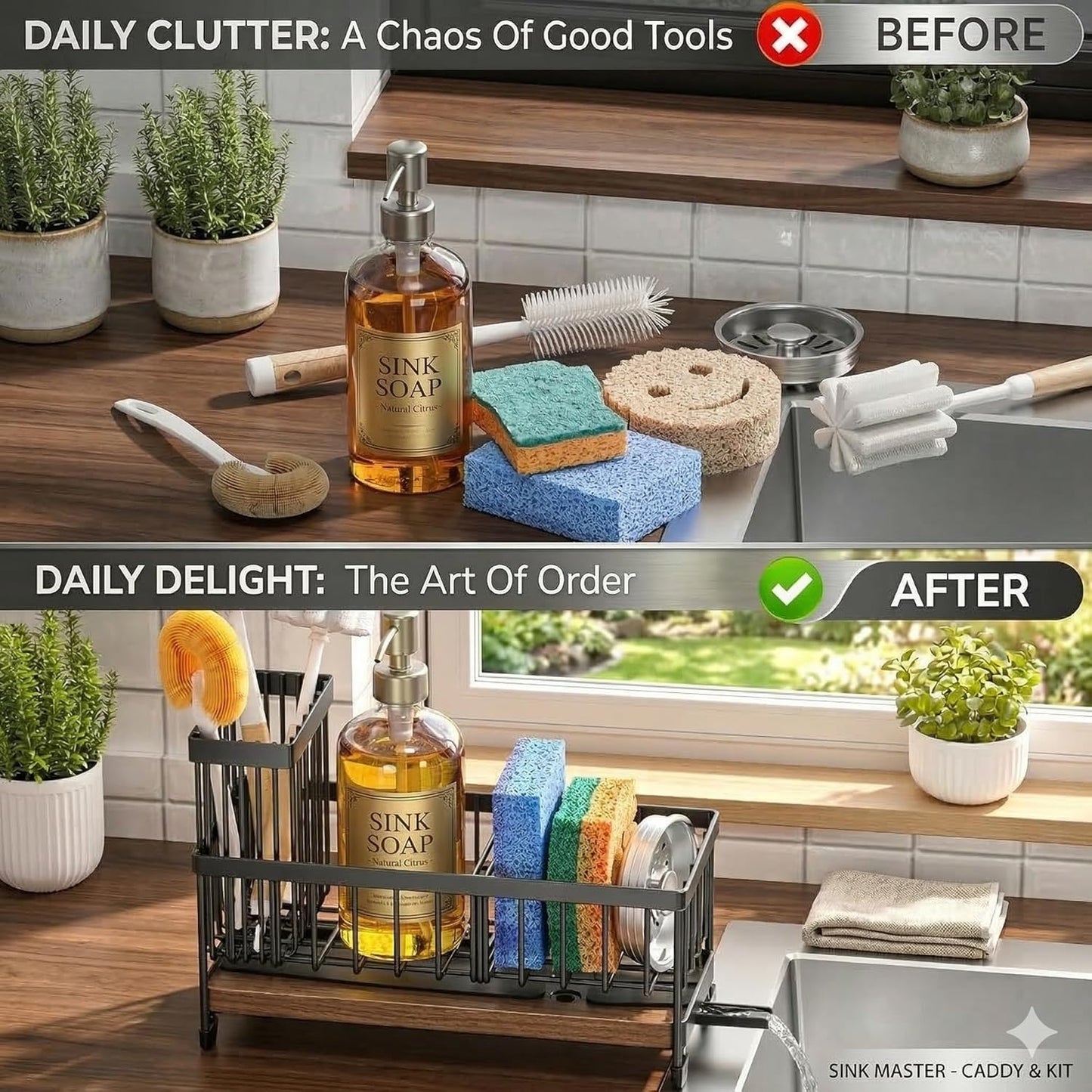 Premium Extra Large Kitchen Sink Organizer Caddy | Stainless Steel Sponge Holder & Soap Dispenser Tray (Black)