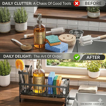 Premium Extra Large Kitchen Sink Organizer Caddy | Stainless Steel Sponge Holder & Soap Dispenser Tray (Black)