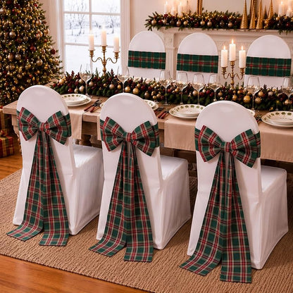 6 Pcs Christmas Chair Bows Decorations 43in Red Green Tartan Plaid – Green Variation