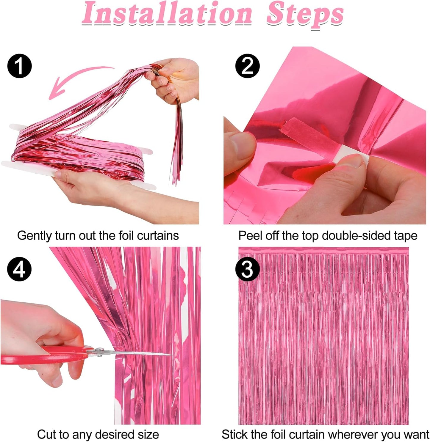 ZATAYE Pink Foil Fringe Curtains - 12 Pack Metallic Tinsel Backdrop for Parties | 3.28 FT x 7.05 FT
