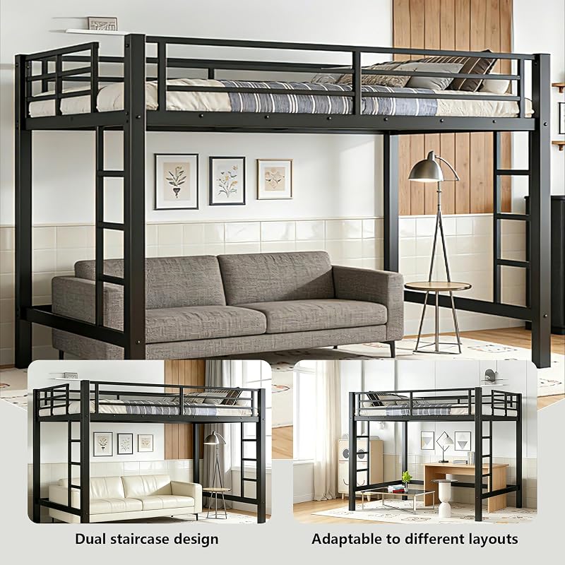 Bellemave Full-Size Loft Bed Frame with Dual Ladders, Iron Construction, No Box Spring Needed - Black (Variation: Black+Full)