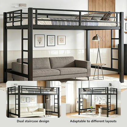 Bellemave Full-Size Loft Bed Frame with Dual Ladders, Iron Construction, No Box Spring Needed - Black (Variation: Black+Full)