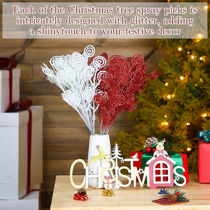 Riceshoot 50 Pcs Christmas Tree Picks Red & White Glitter Sprays - 34 cm