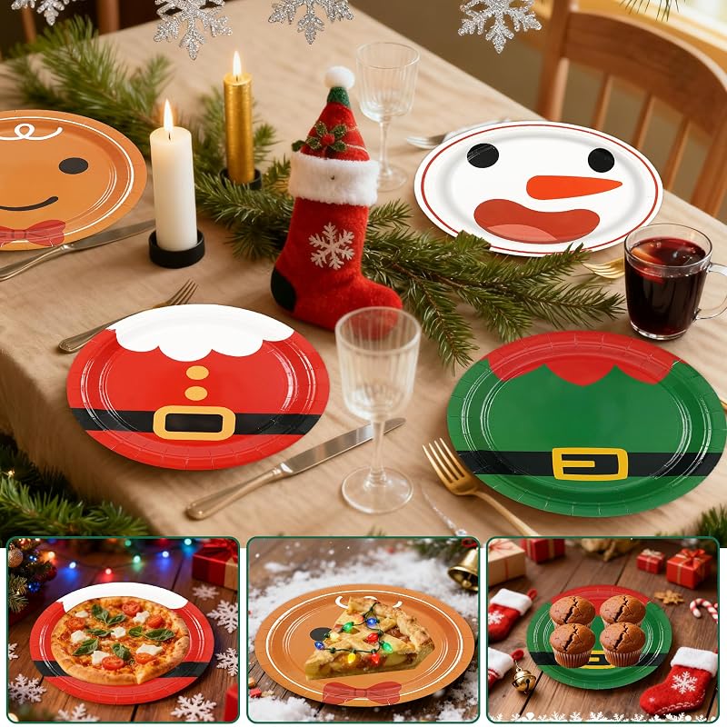 48-Pack 9inch Disposable Christmas Plates - Red & Green Santa Theme, 4 Styles