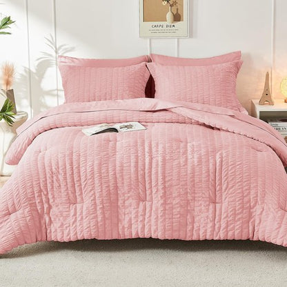 HYMOKEGE Rose Pink California King Comforter Set Seersucker 7 Pieces, All Season Luxury Bed in a Bag for Bedroom, Bedding Set with Comforter, Sheets, Pillowcases & Shams
