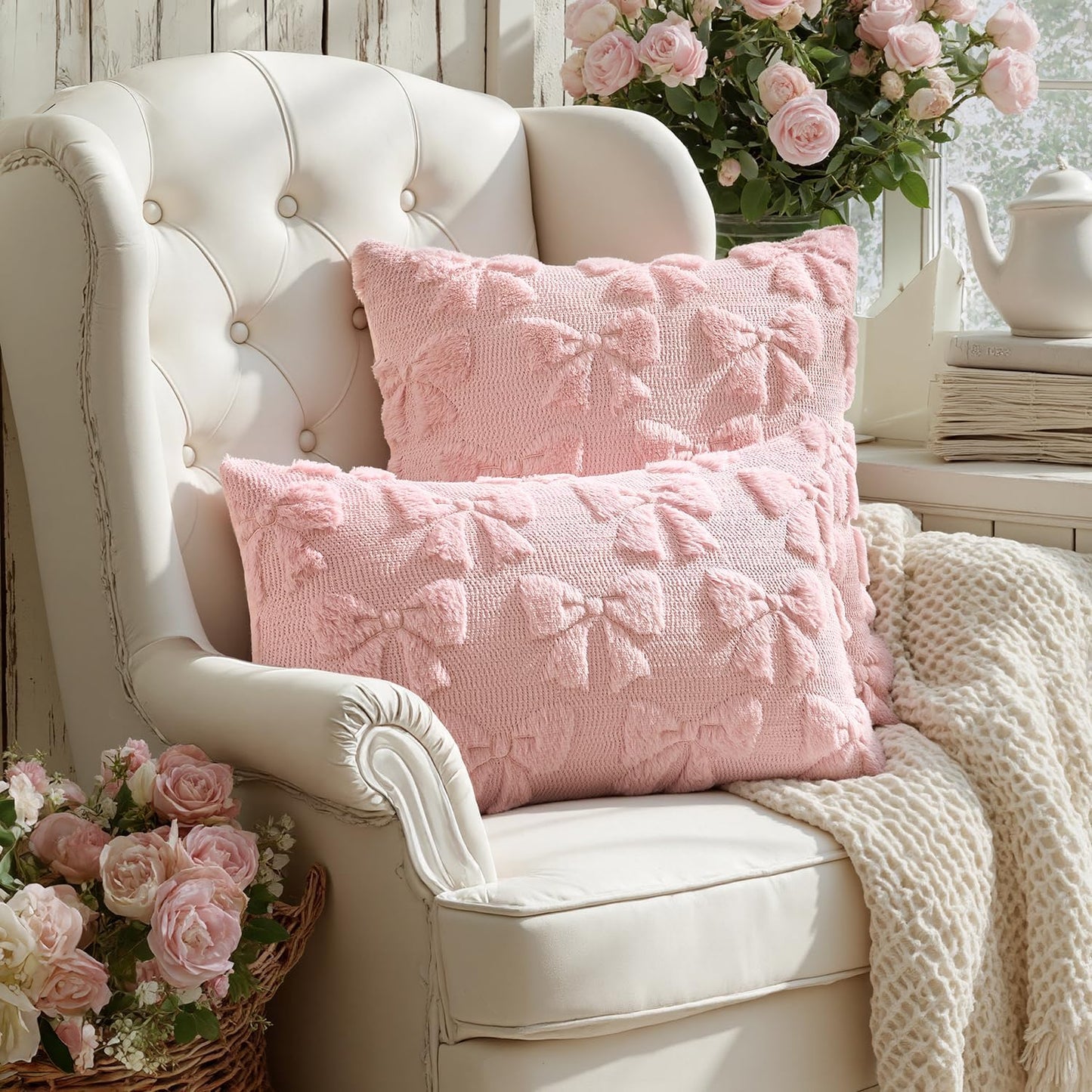 MIULEE Light Pink Bow Pillow Covers - Soft Plush Decorative Set of 2 | 18x18 Inch Aesthetic Room Decor