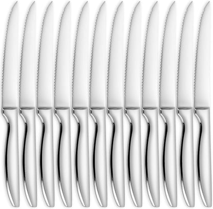 SuperCook Steak Knives Set - 12 High-End Stainless Steel Serrated Knives | Dishwasher Safe, Silver