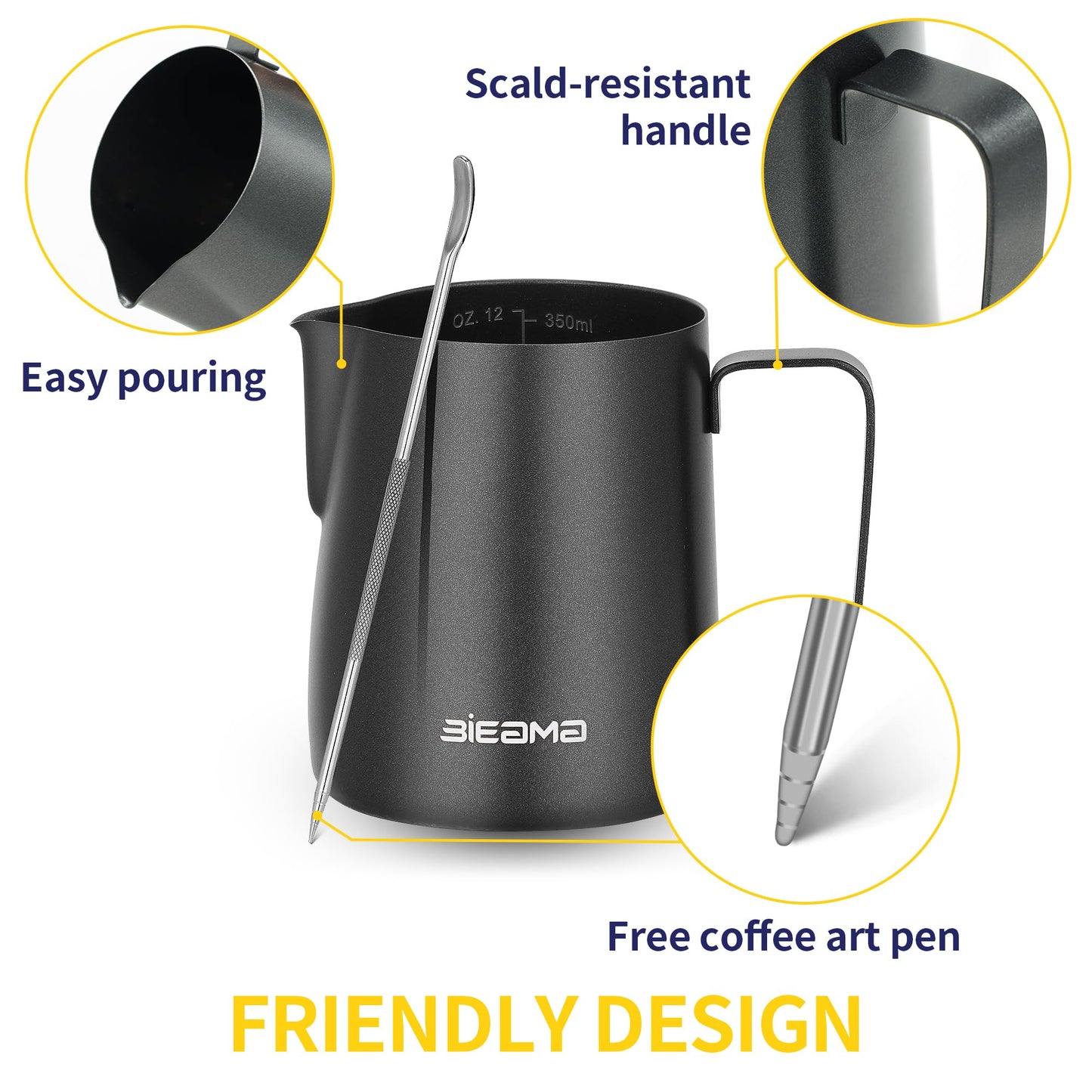 BIEAMA 12oz Milk Frothing Pitcher 304 Stainless Steel Milk Frother Cup, Dripless Spout and Scale with Decorating Pen, Matte Black