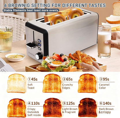Skiennix 4-Slice Stainless Steel Toaster - Extra Wide 1.5” Slots, 6 Shade Settings & Removable Crumb Tray