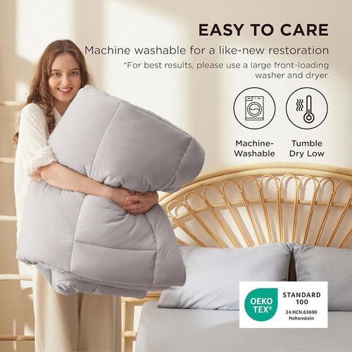 Bedsure Comforter Duvet Insert - All-Season Quilted Queen Size Bedding, GentleSoft Down Alternative, Light Grey 88 x 88 Inches