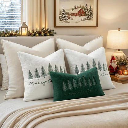 MiULEE Christmas Pillow Covers 18x18 Set of 2 — White & Green Tree Embroidered