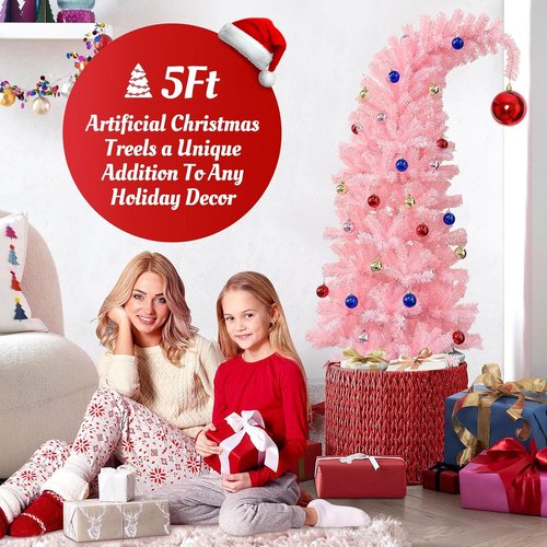 Hatisan 5FT Artificial Pink Christmas Tree - Bent Design with Ball Ornaments & Metal Base for Holiday Decor