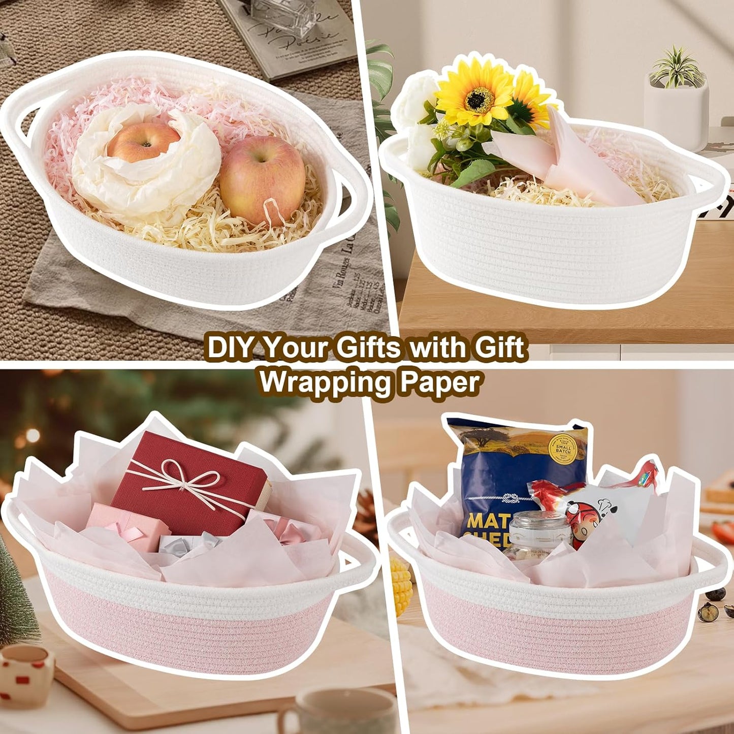 OIAHOMY Small Woven Gift Basket - 12"x8"x5" with Handle, Ribbon & Tissue Paper for Dog Toy Storage - Pink & White