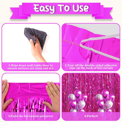 Voircoloria Pink Foil Fringe Backdrop Curtains - 4 Pack Tinsel Streamers for Parties & Events