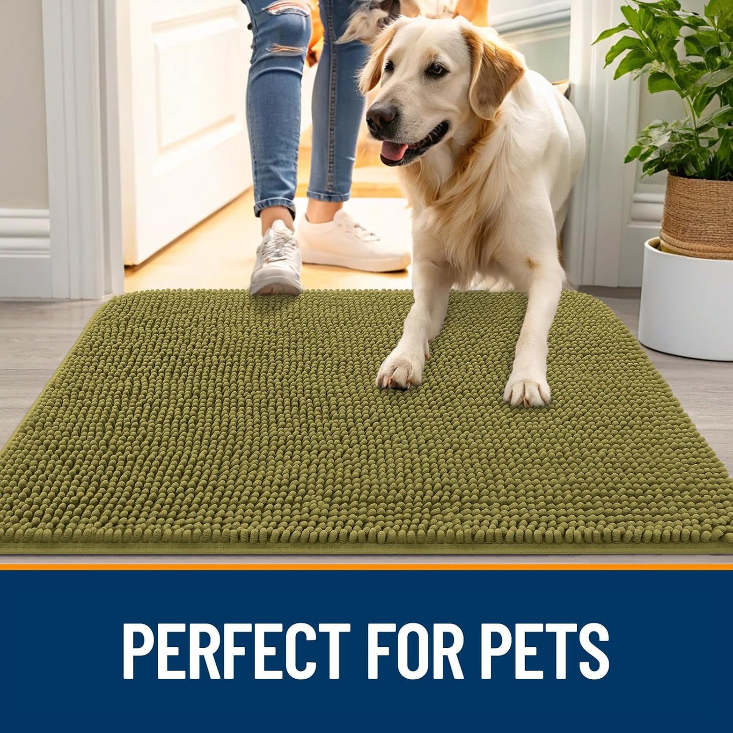 OLANLY Dog Door Mat - Absorbent Non-Slip Chenille Mat for Muddy Paws | 24x16, Quick Dry, Willow Green