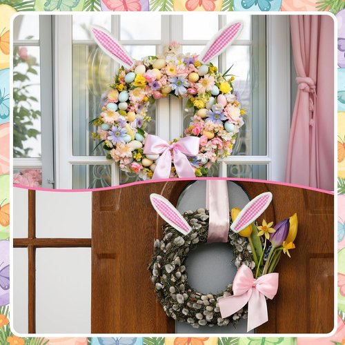10 Inch Easter Bunny Ears Set with Wire Ties Plush Wreath Decoration Bunny Ears Decoration Accessories Bendable for Easter Wreath Accessories (White，Plaid)