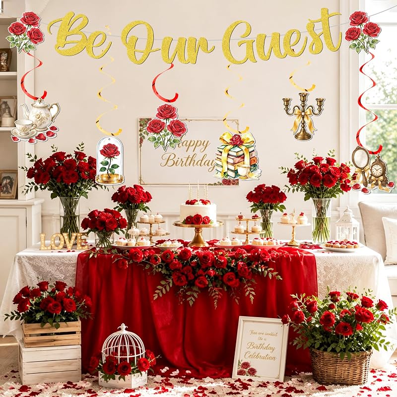 Be Our Guest Gold Glitter Banner - Princess Rose Birthday Decor (Variation: Be Our Guest)