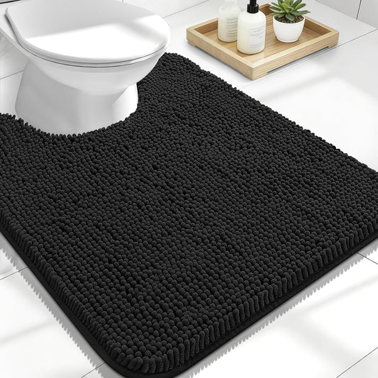 OLANLY U-Shaped Toilet Rugs - Extra Soft, Absorbent Chenille Bathroom Mat | 24x20, Black, Non-Slip, Machine Washable