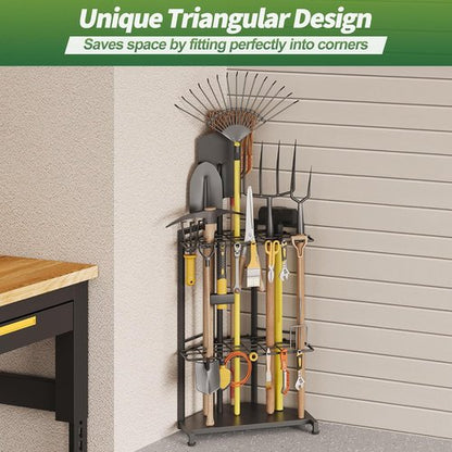 Garden Tool Organizer - Heavy Duty Metal Rack with 34 Storage Compartments & 14 Hooks for Tools