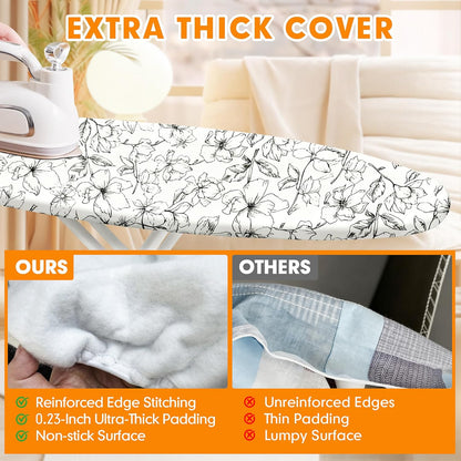 Skiennix Ironing Board Cover - Thick, Scorch & Stain Resistant Pad | 15x54 Floral White Design