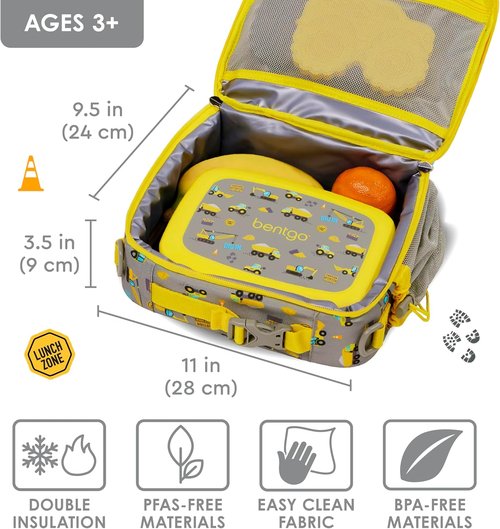 Bentgo Kids Lunch Bag - Durable Double-Insulated Lunch Bag for Kids 3+ | Easy-Clean Water-Resistant Fabric, Construction Trucks Design