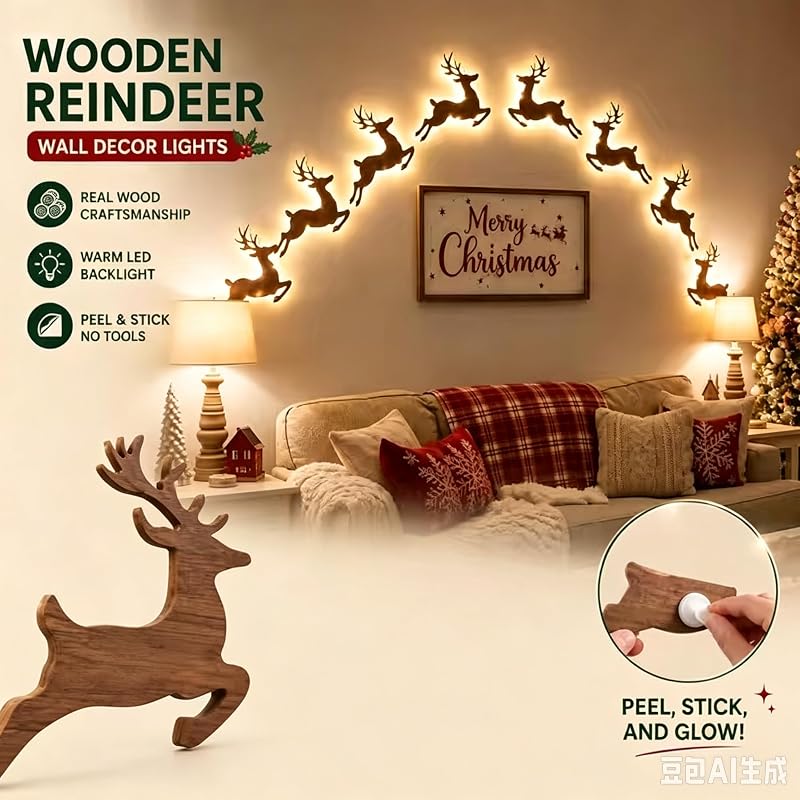 LED Reindeer Wall Decorations - 7-Piece 3D Light-Up Xmas Silhouette Set (Variation A-7PCS)