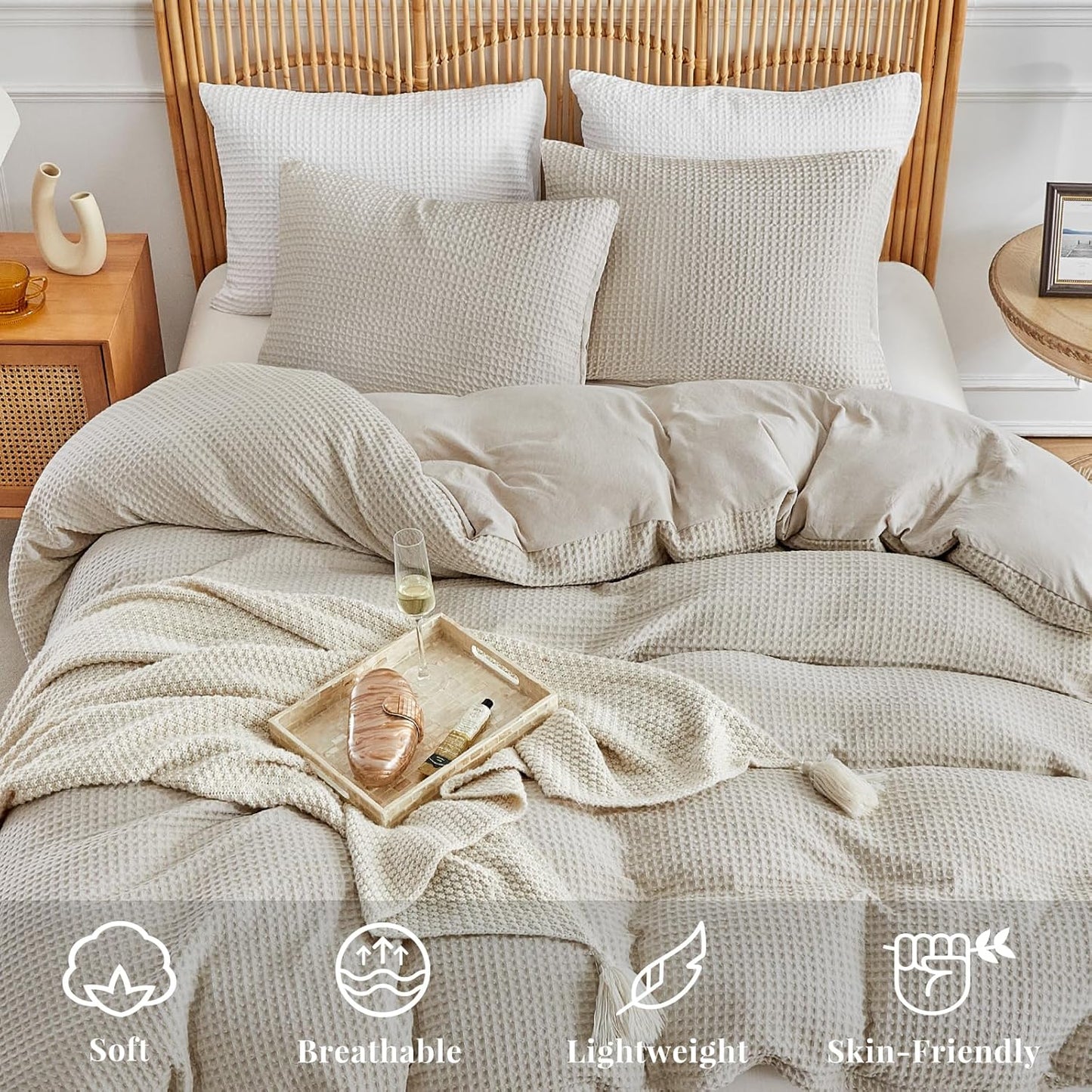 WARMDERN Waffle Weave Duvet Cover Set - Soft & Breathable Queen Size Microfiber Bedding in Khaki | 3 Pieces