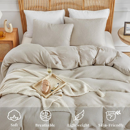 WARMDERN Waffle Weave Duvet Cover Set - Soft & Breathable Queen Size Microfiber Bedding in Khaki | 3 Pieces