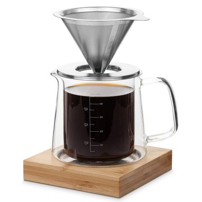 Brew To A Tea BTaT- Pour Over Coffee Maker Set, Double Wall Glass, 16 oz, Drip Coffee Maker, Permanent Filter, Coffee Maker Pour Over, Manual Coffee Maker, Coffee Pour Over, Dripper