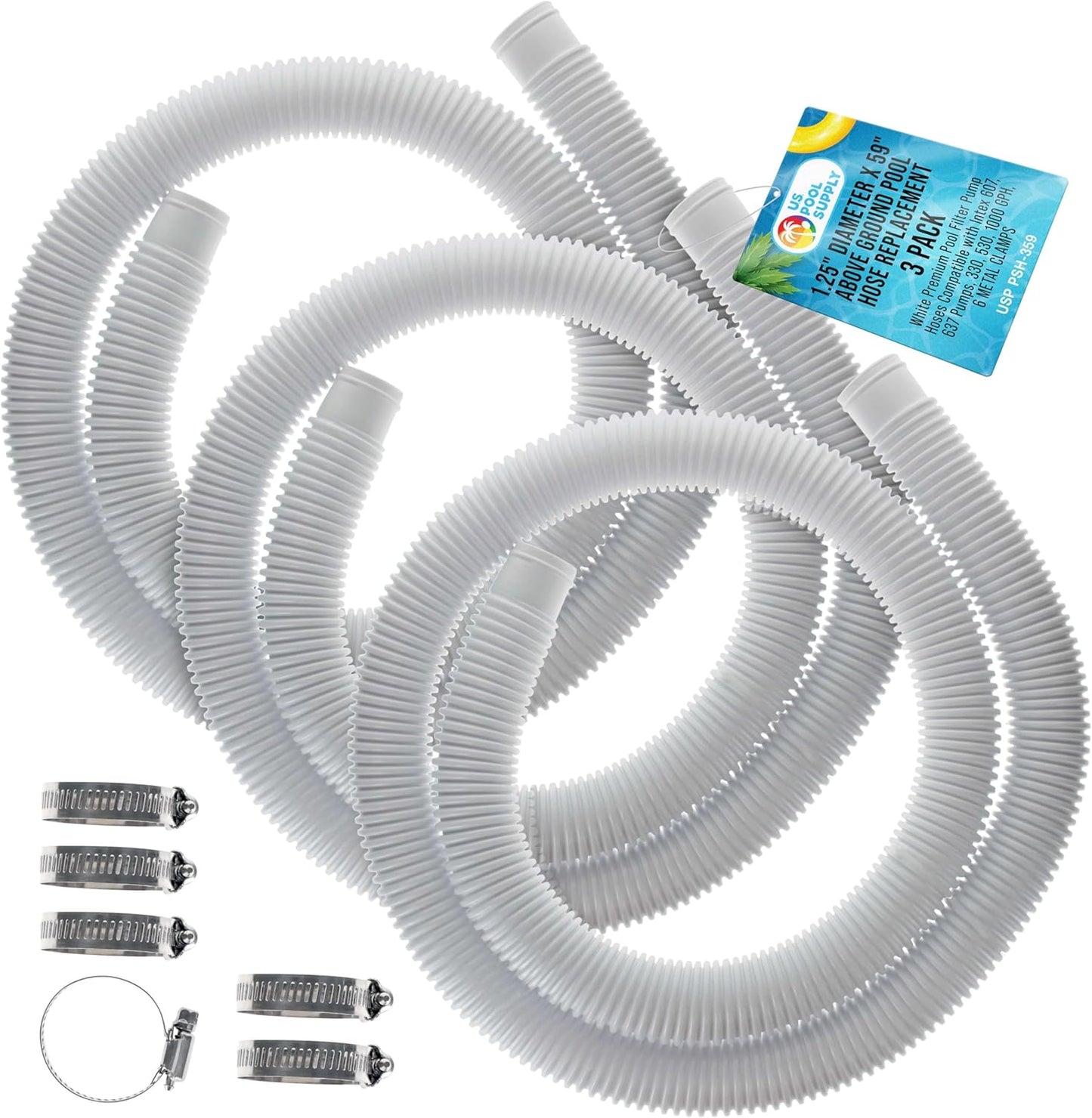 U.S. Pool Supply Premium Above Ground Pool Hose Replacement - 1.25" Diameter x 59" Long, Pack of 3, White | Compatible with Intex Pumps