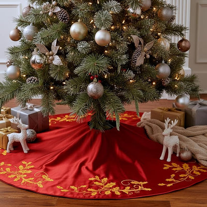 Burgundy 48-Inch Satin Christmas Tree Skirt with Gold Holly Embroidery - Variation of Burgundy